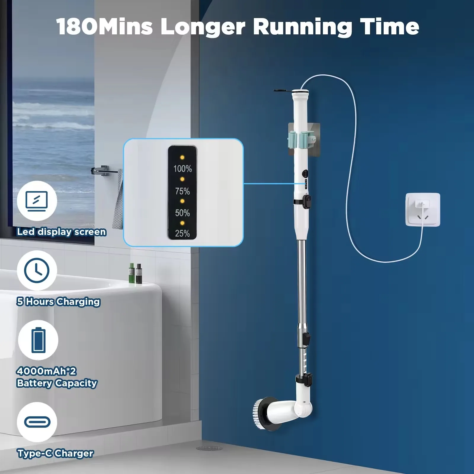 نافذة أرضية الحمام الكهربائية تدور الغسيل PP فرشاة التنظيف الكهربائية مع رؤوس فرشاة قابلة للاستبدال