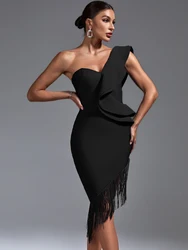 Black Bandage Dress Women Tassel Party Dress Bodycon Elegant Ruffle Sexy One Shoulder Birthday Club Evening Outfits Summer