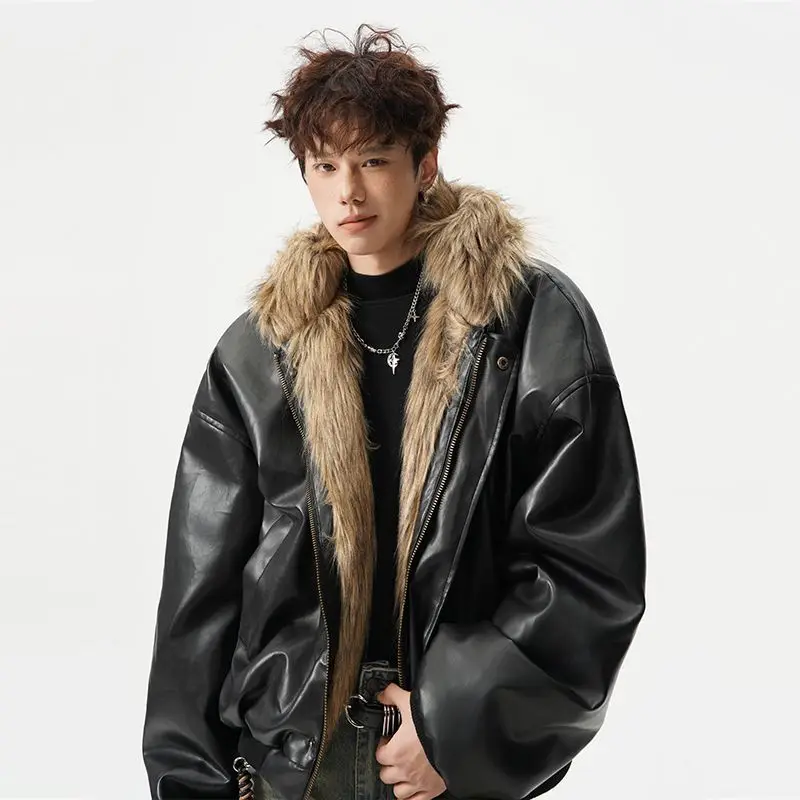 

Men's Fashion High-end PU Leather Jacket Cotton Clothes Men's 2025 Winter New Velvet Hooded Zipper Thickened Fur Integrated Coat