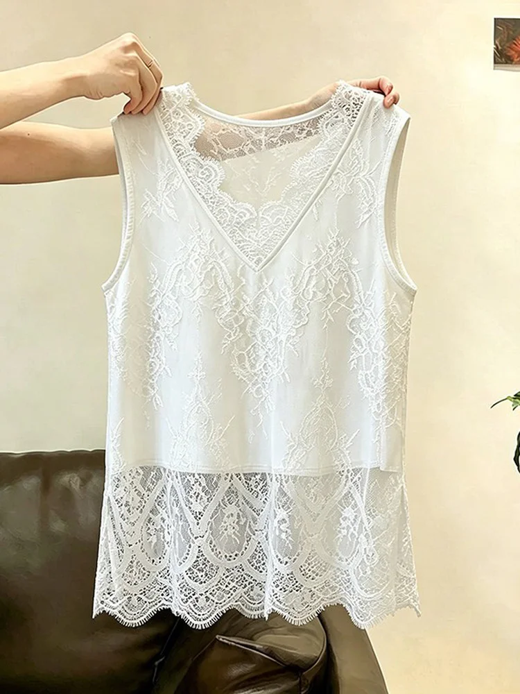 

plus Size Women's Summer New Korean Style Embroidered Lace Loose Slimming Sleeveless Top High-End Feeling Casual Fashion