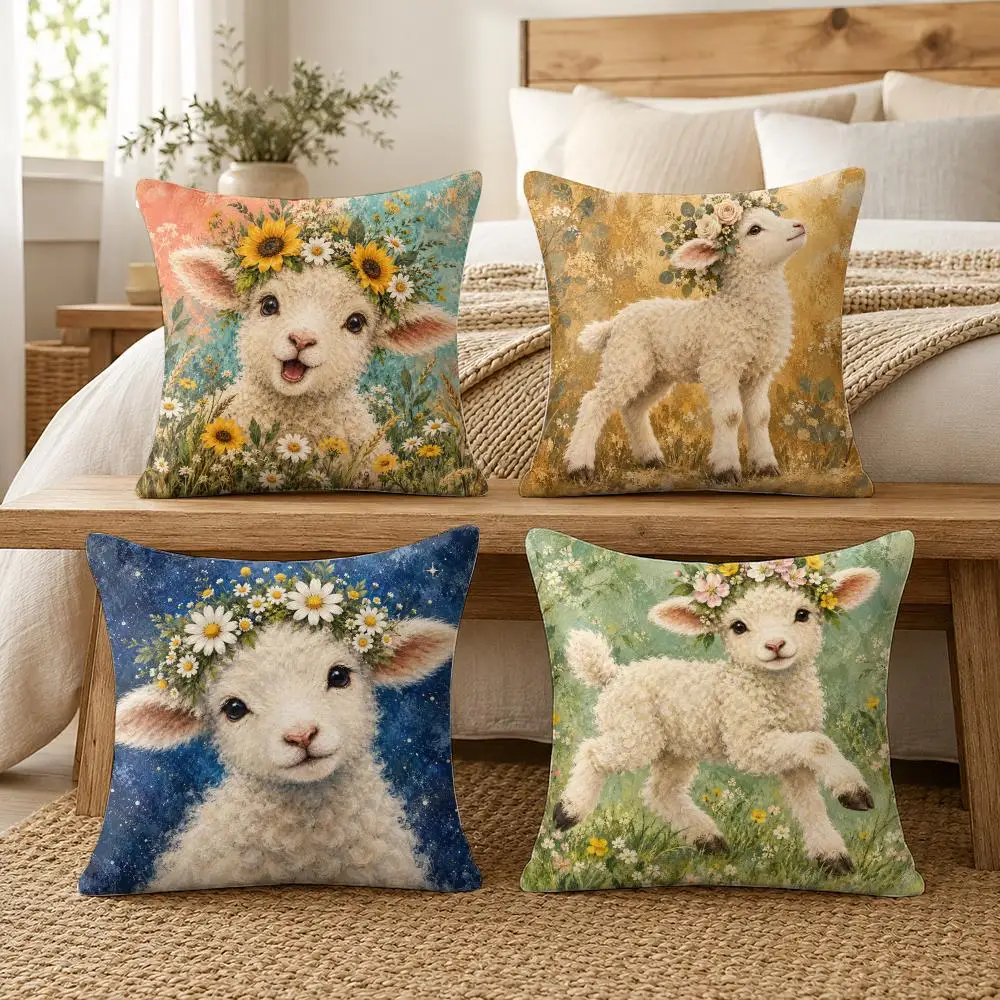 Baby Lamb Daisy Crown Cushion Cover Soft Short Plush Pillow Cases Hidden Zipper Cutecore Sofa Bedroom Home Decor Gift