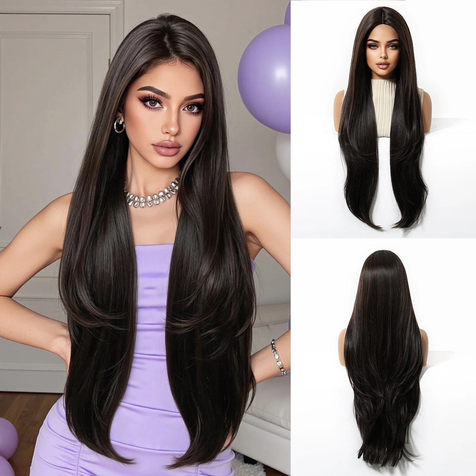 ALAN EATON Black Long Wavy Synthetic Wigs for Women Natural Black Hair Wigs Middle Part Heat Resistant Fiber Daily Party Use