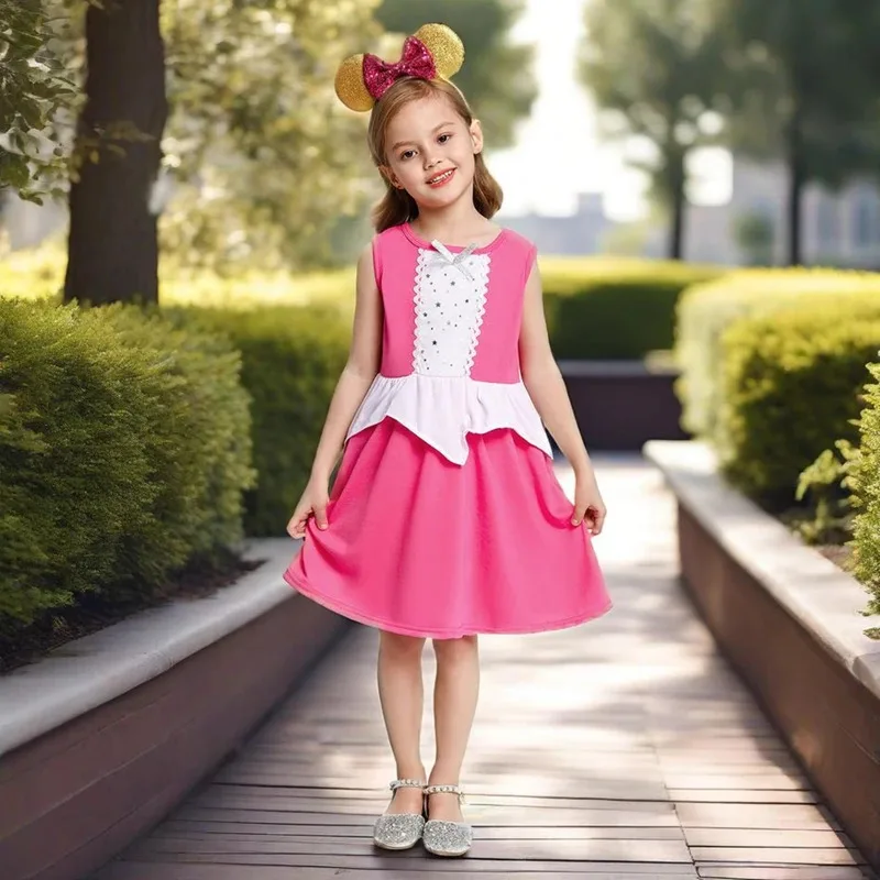 

XT8Sleeping beautyl Girls Sleeveless Suspenders Princess Daily Dress Sunmmer Sweet Patchwork Casual Mickey Vestidos ChildreXT6@!