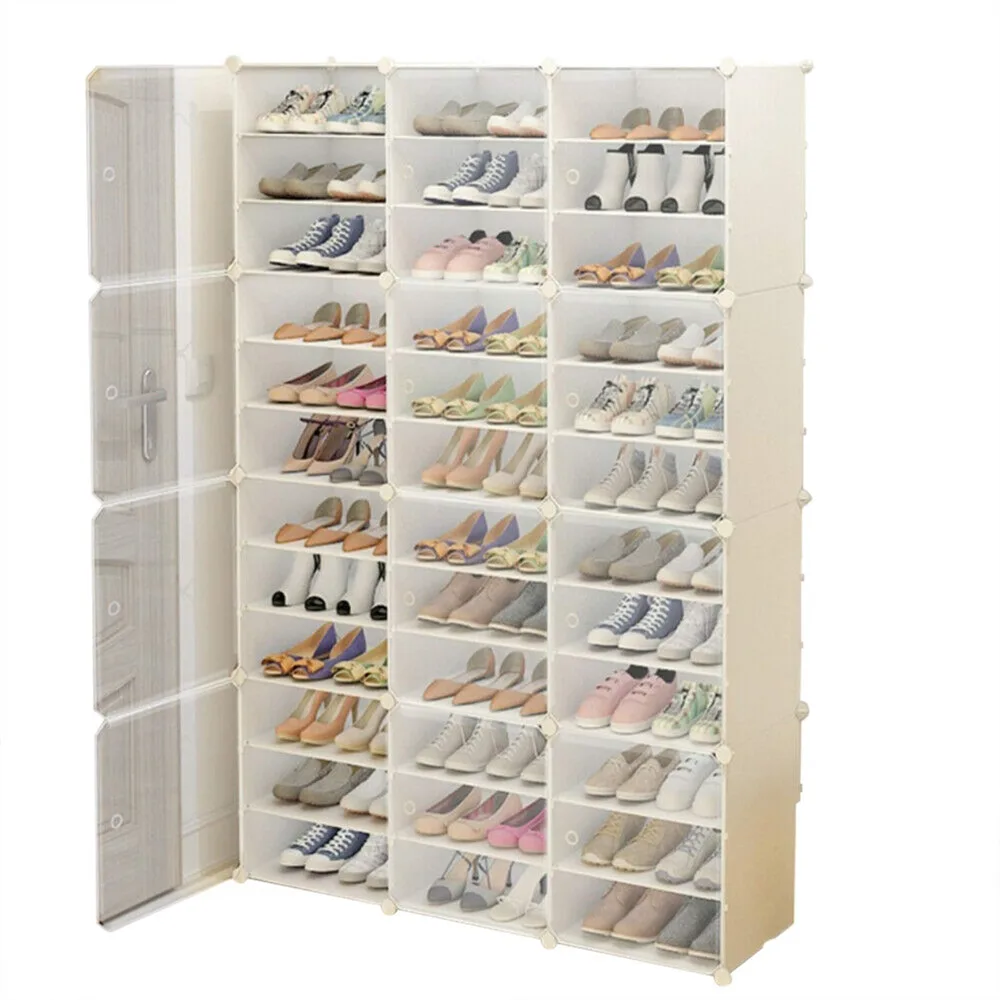 Plastic Shoe Box Storage Cabinet White Stackable Transparent Door Holds Up to 72 Pairs of Shoes