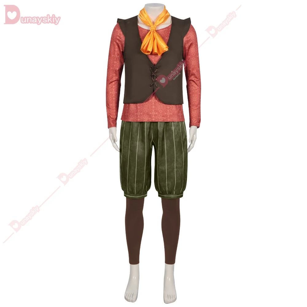 Monster Rumpelstiltskin Cosplay Kostuum Fancy Uniform T-shirt Bruin Vest Broek Geel Sjaal Halloween Rollenspel Koning Dwerg