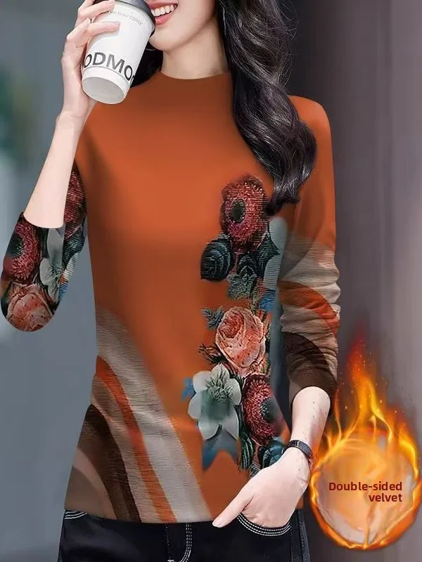 

Теплая термофутболка с длинным рукавом в стиле Mommy, из полиэфирного волокна, с принтом, с воротником-стойкой, с цветочным принтом, повседневная, приталенная, женская