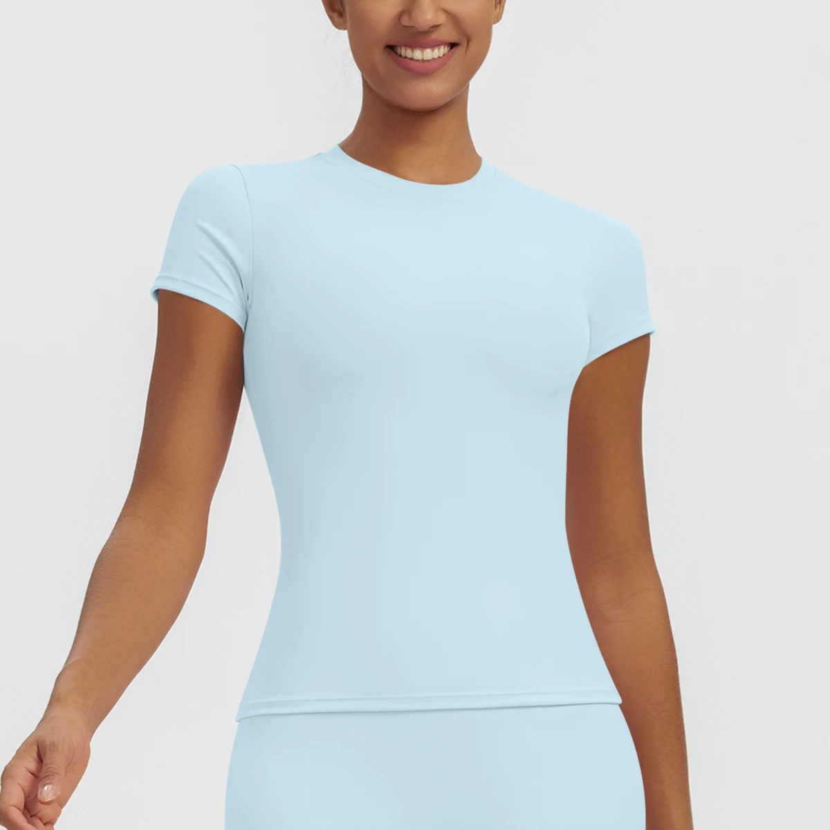 Hochelastisches, schnelltrocknendes, einfarbiges Yoga-Kurzarm-T-Shirt für Damen, Workout-Oberteil, schmal geschnittenes, lässiges Sport-, Lauf-, Fitness- und Yoga-T-Shirt. – Detail 16