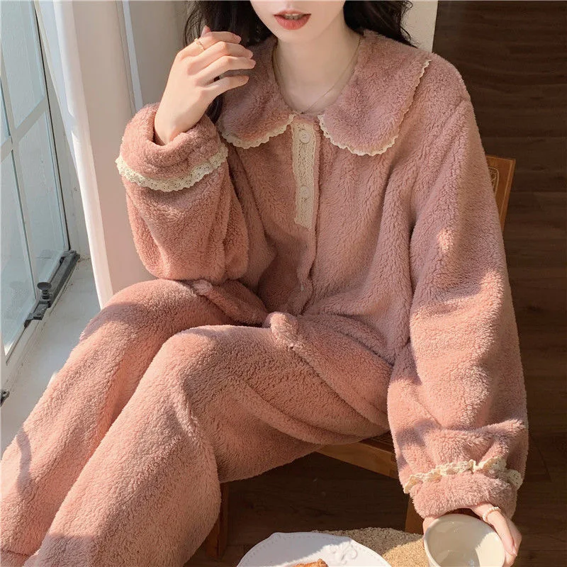 Thickened Warm French Sweet Coral Velvet Pajamas Women's Thick Winter Flannel Home Clothes Large Size Set Ladies Sleepwear