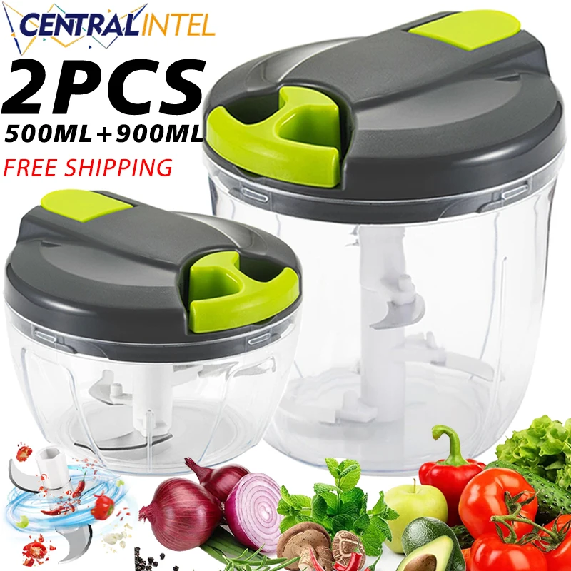 

2PCS 500ML+900ML Manual Food Processor Vegetable Chopper Hand Crank Garlic Mincer Portable Onion Cutter Fruit Kitchen Accessorie