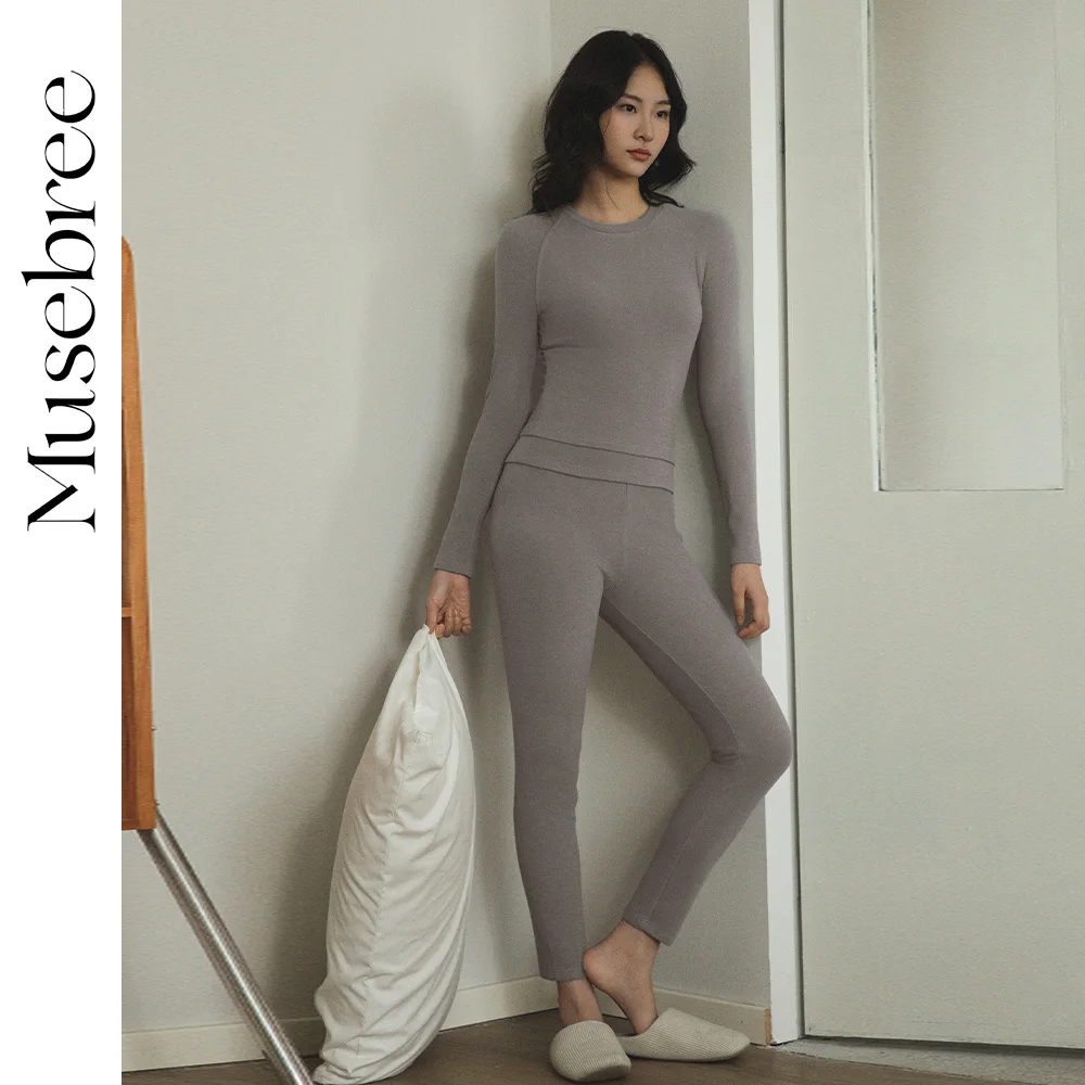 Musebree Women's Round Neck Thermal Underwear Set Ladies Grey Simple Thermal Wear Comfort Winter Sleepwear Women Thermal Clothes