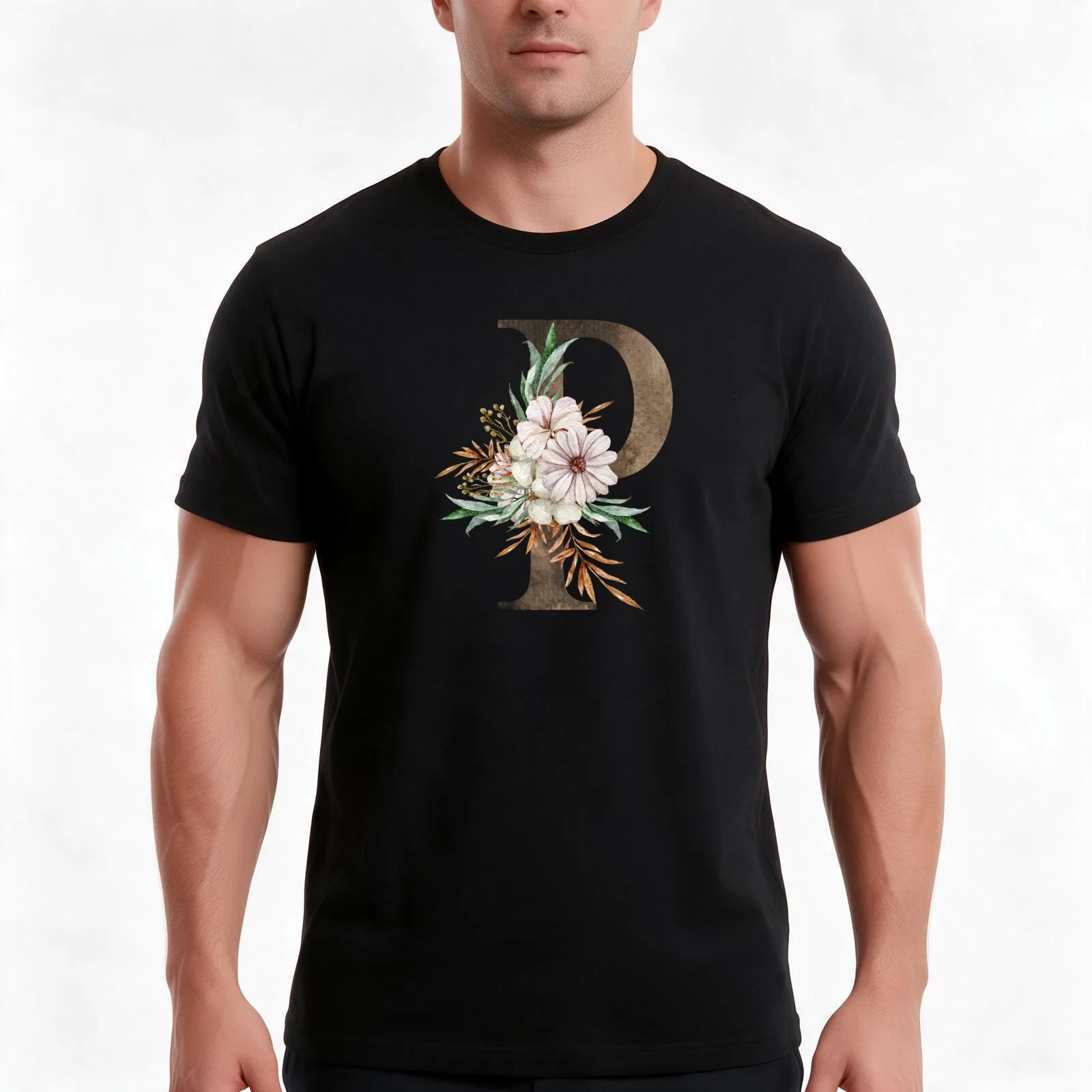 Watercolor floral P wedding monogram letter print T-Shirt Summer Casual Cotton Tee Oversized Streetwear Tops Unisex Men Women