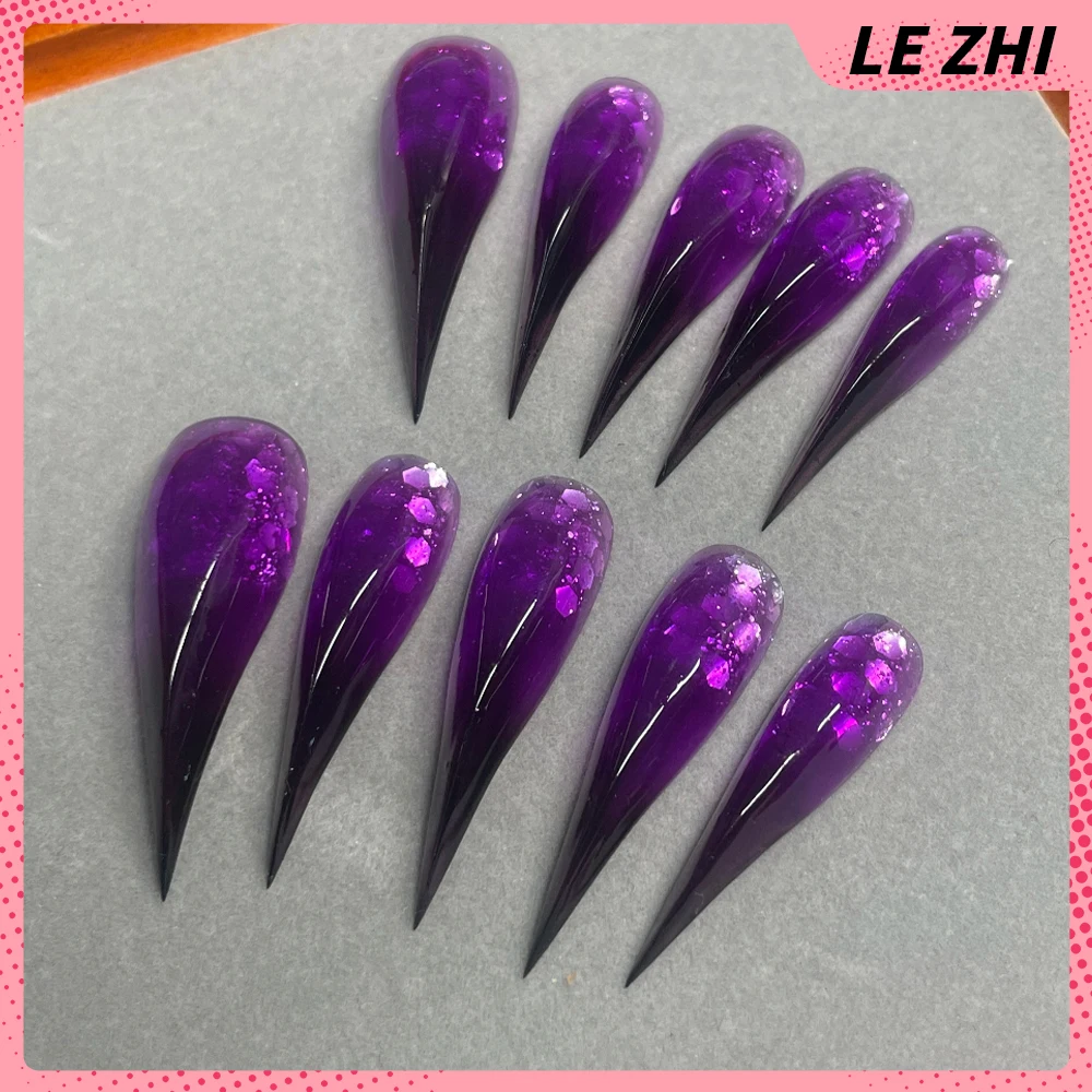 10Pcs Spice Girl Handmade Long Beast Claw Press On Nails Metal Rivets Cat Eyes Sequins Gradients Dragon Shape Claw Fake Nails view 6
