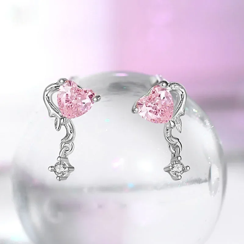 RYJU Shiny Y2K Silver Color Love Zircon Earrings for Women 925 Sterling Silve Delicated Pink Crystal Sweet Cool Girl Jewelry image 3