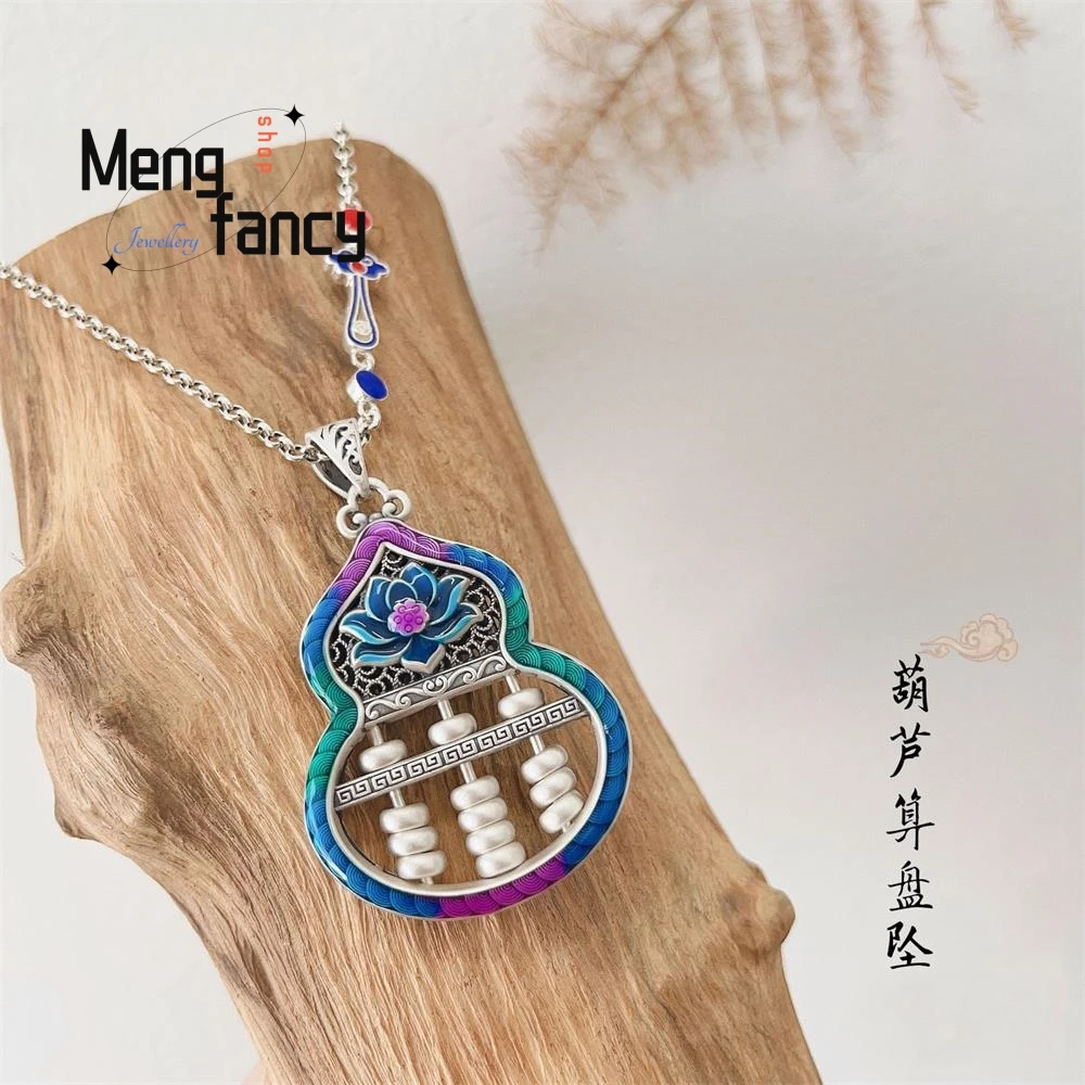 Sterling Silver Enamel Vintage Ethnic Style Gourd Abacus Pendant Double-sided Exquisite Fashion Fine Jewelry Mascot Holiday Gift