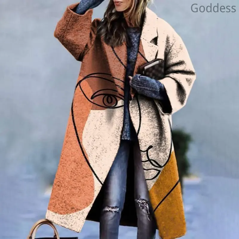 New Blended Tweed Coat Elegant Autumn and Winter Fashion Street Ladies Long Cardigan Coat Fashionable Floral Print Long