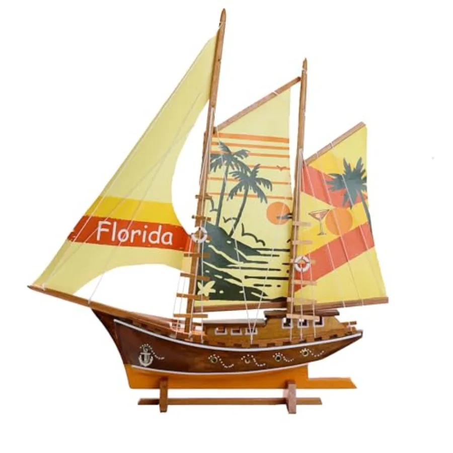 

Handmade Florida-printed fabric sailing yacht ship model in wood, navy blue with gold accents, nautical home decor and gift for