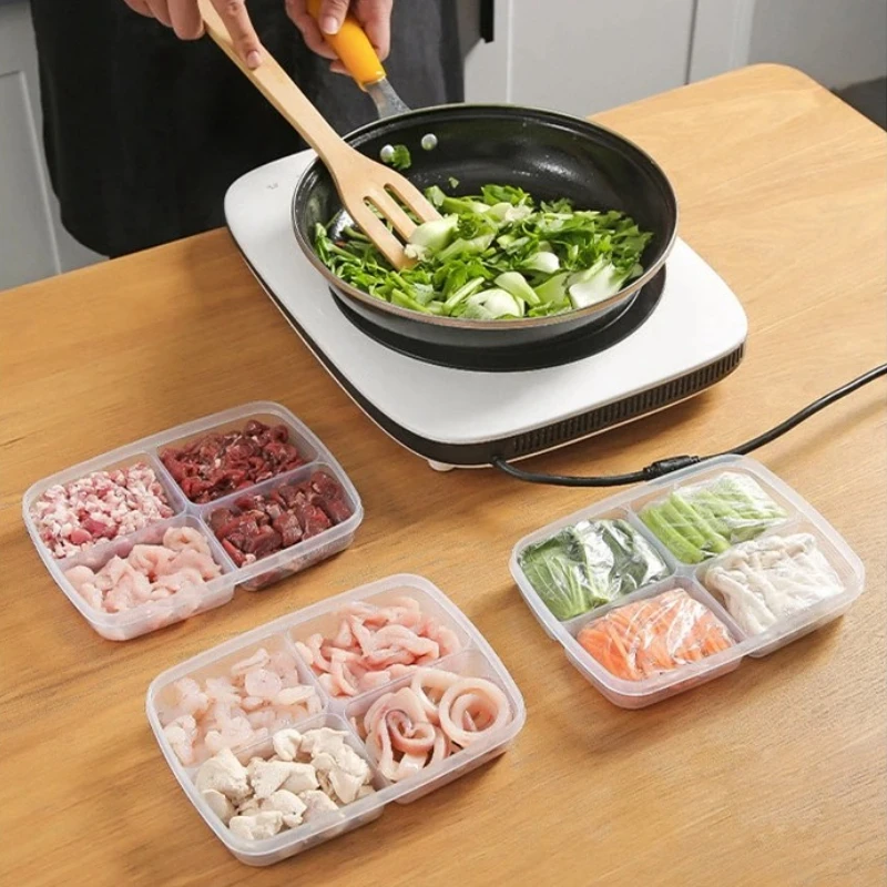 

Transparent Food Storage box 4Grid Refrigerator Large Capacity Storage Box Frozen Meat Compartment Food Sub-packed Kitchen Tools