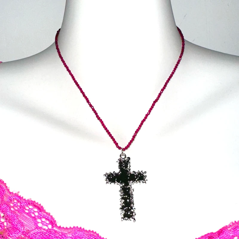 Goth Jewelry Red Beads Cross Pendant Necklace for Women Punk Cool Rock Accessories Vintage Charms Necklaces