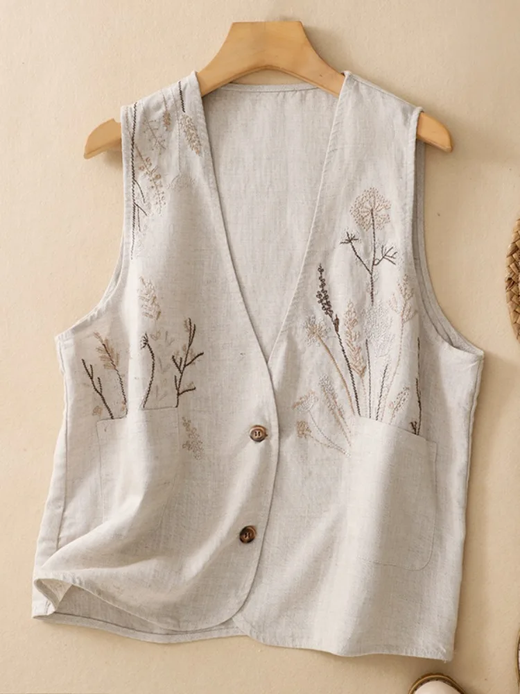 

Ретро-жилет из хлопка и льна с вышивкой, женская летняя верхняя одежда, легкий дышащий кардиган без рукавов с V-образным вырезом, топ