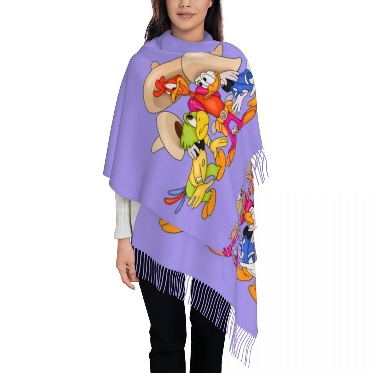 

Custom The Three Caballeros Donald Duck Scarf Wrap Women Long Winter Fall Warm Tassel Shawl Unisex Scarves