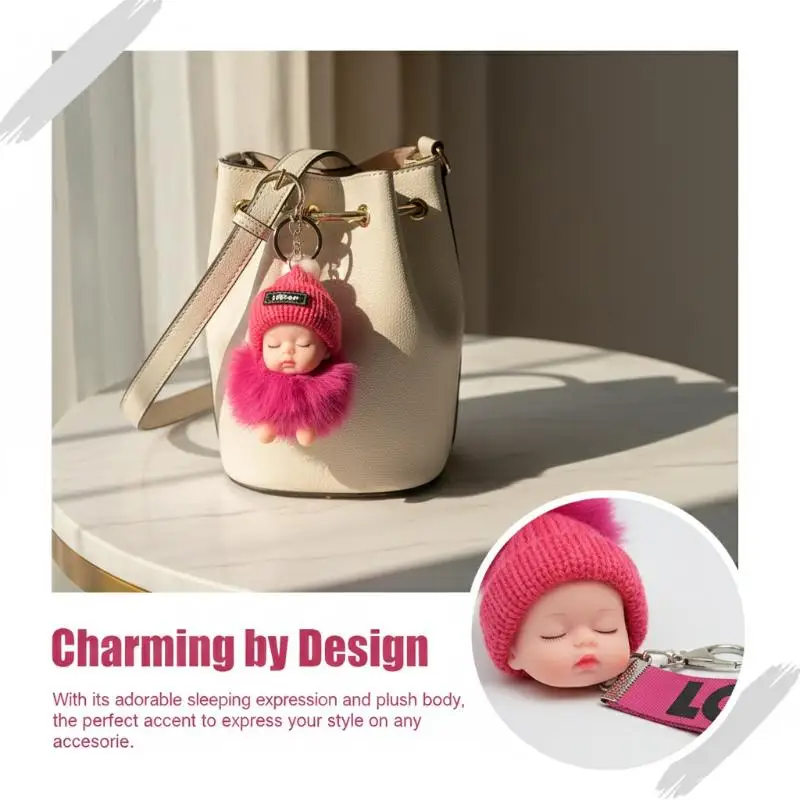 Pompom Sleeping Baby Keychain Cute Fluffy Plush Doll Keyholder Women Girl Bags Keyrings Cars Gift Charming Decoration