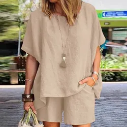 Summer Cotton Linen Suits Casual Tracksuit Women's Shorts+Short Sleeve Shirt Tops Loose Mini Shorts Two Piece Sets Streetwear