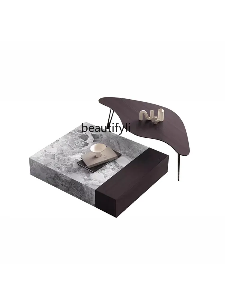 

Stone Plate Coffee Table Living Room Italian Marble Square Solid Wood Side Table Coffee Table Combination