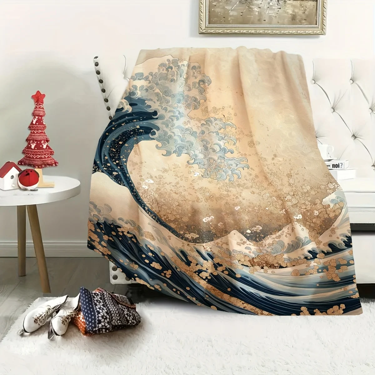 

1pc, Japanese Ukiyo-e style wave soft and comfortable flannel blanket set, birthday gift, perfect holiday gift,
