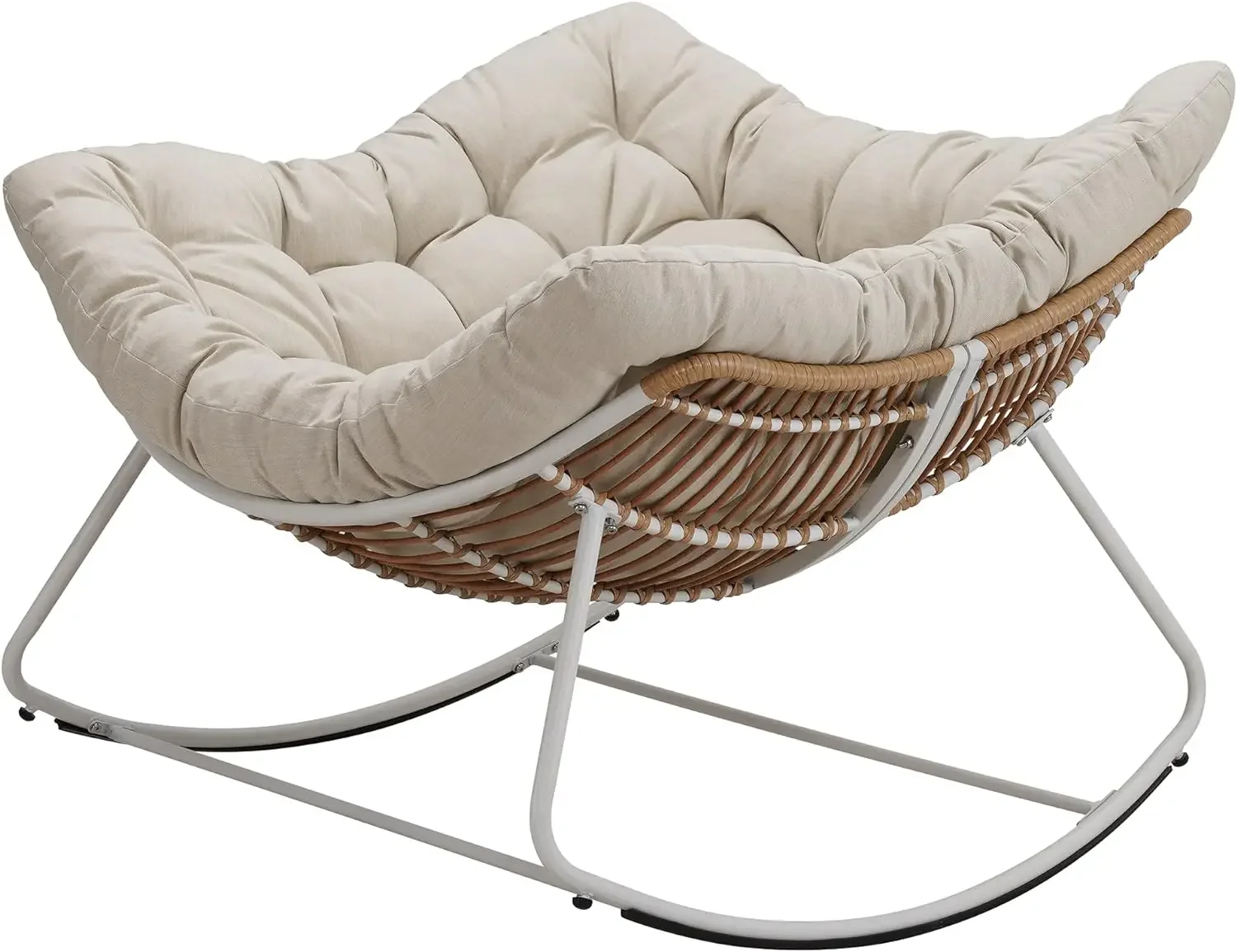 Cadeira de balanço ao ar livre com almofada bege, Rocker Recliner Chair, Metal Frame extragrande, Rattan Egg Chair