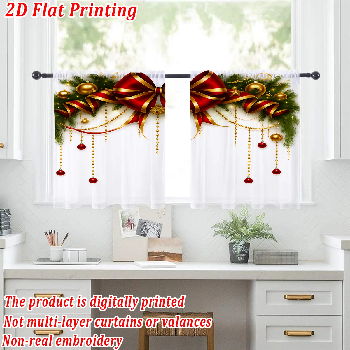 Christmas Flat Printing Kitchen Sheer Curtain with Merry Christmas Bow Ball Pine Branch For Christmas Home Decor  Party