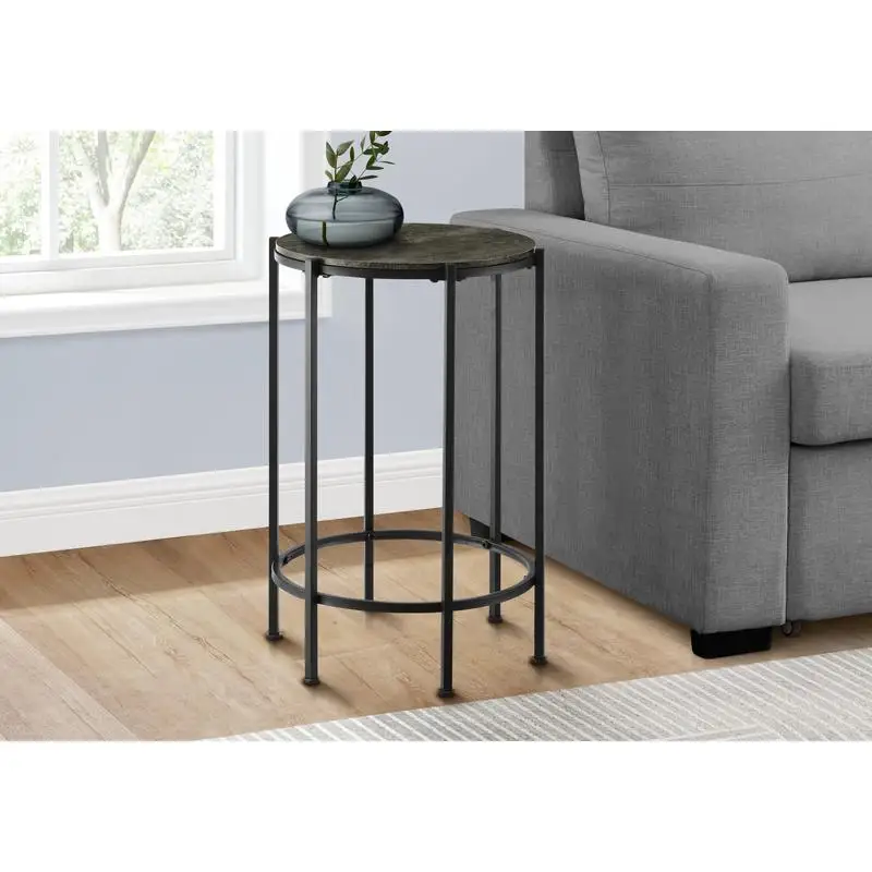 Round Accent End Side Table, Small Nightstand with Lamp, Dark Bronze Laminate & Black Metal, Contemporary Design for Living