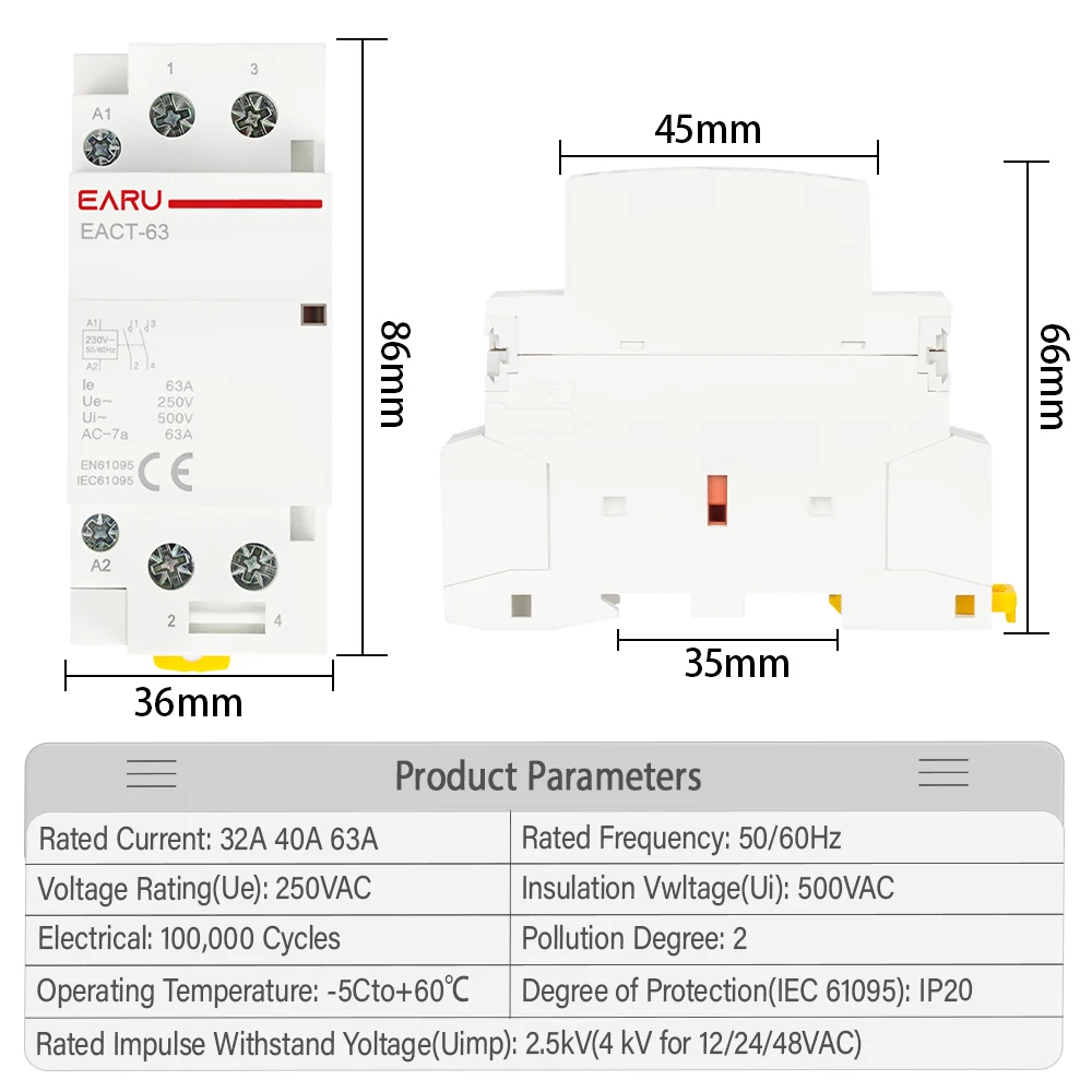 2P AC 110V 220V 50/60Hz 16A 20A 25A 32A 50A 40A 63A Din Rail Household Modular Contactor Switch Controller DIY Smart Home Hotel