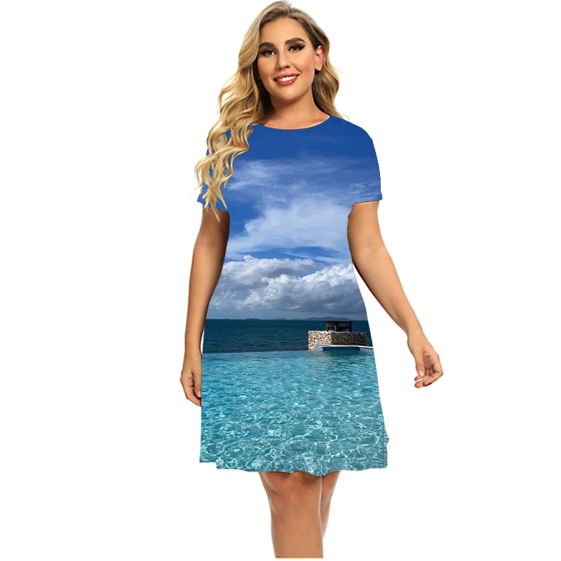 Vestidos estilo praia de cenário natural feminino, mini-vestido de manga curta, casual com gola redonda, roupas soltas estampadas, plus size 6XL, verão