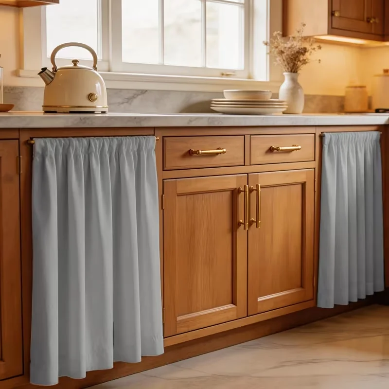 2PCS  Cabinet Curtains, Solid Short Cafe Curtains, Rod Pocket Kitchen Sink Cover Panels, Polyester Privacy Home Decor