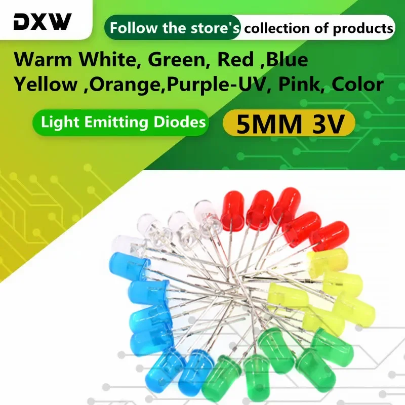 1000PCS 5MM Led Diode Green,Red ,Blue ,Yellow ,Orange,Purple, Pink, Warm White ,7Color, LED 3V F5 Light Emitting Diodes LED