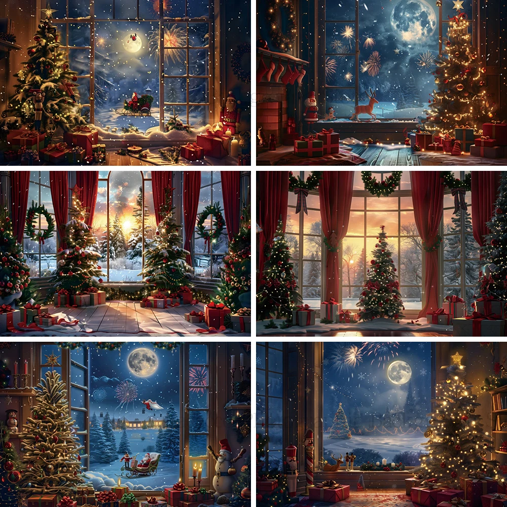 

Christmas Window Snowy Night Background Elk Snowflake Fireworks Christmas Tree 2024 Xmas Decoration Banner Kids Party Photo Prop