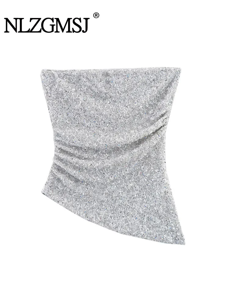 

NLZGMSJ женские топы без рукавов с блестками и асимметричным подолом, вечерние стильные топы, модные укороченные топы без рукавов