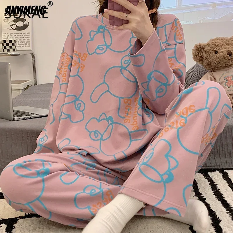 SUKAE Autumn Spring New Women Pajamas Casual Loungewear Long Sleeves Pullover Sleepwear Girl Pijama Korean 2 Pieces Set Homesuit