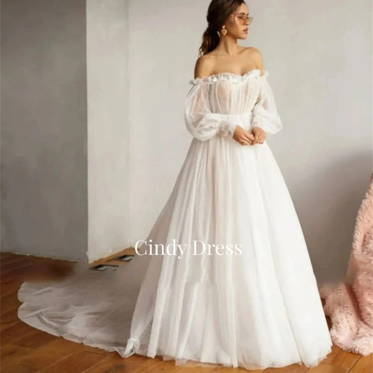 

Cindy Long Tail Wedding Dress Off the Shoulders Puff Sleeves Prom Dresses 2024 Evening Party Elegant Woman Gala Graduation Saudi