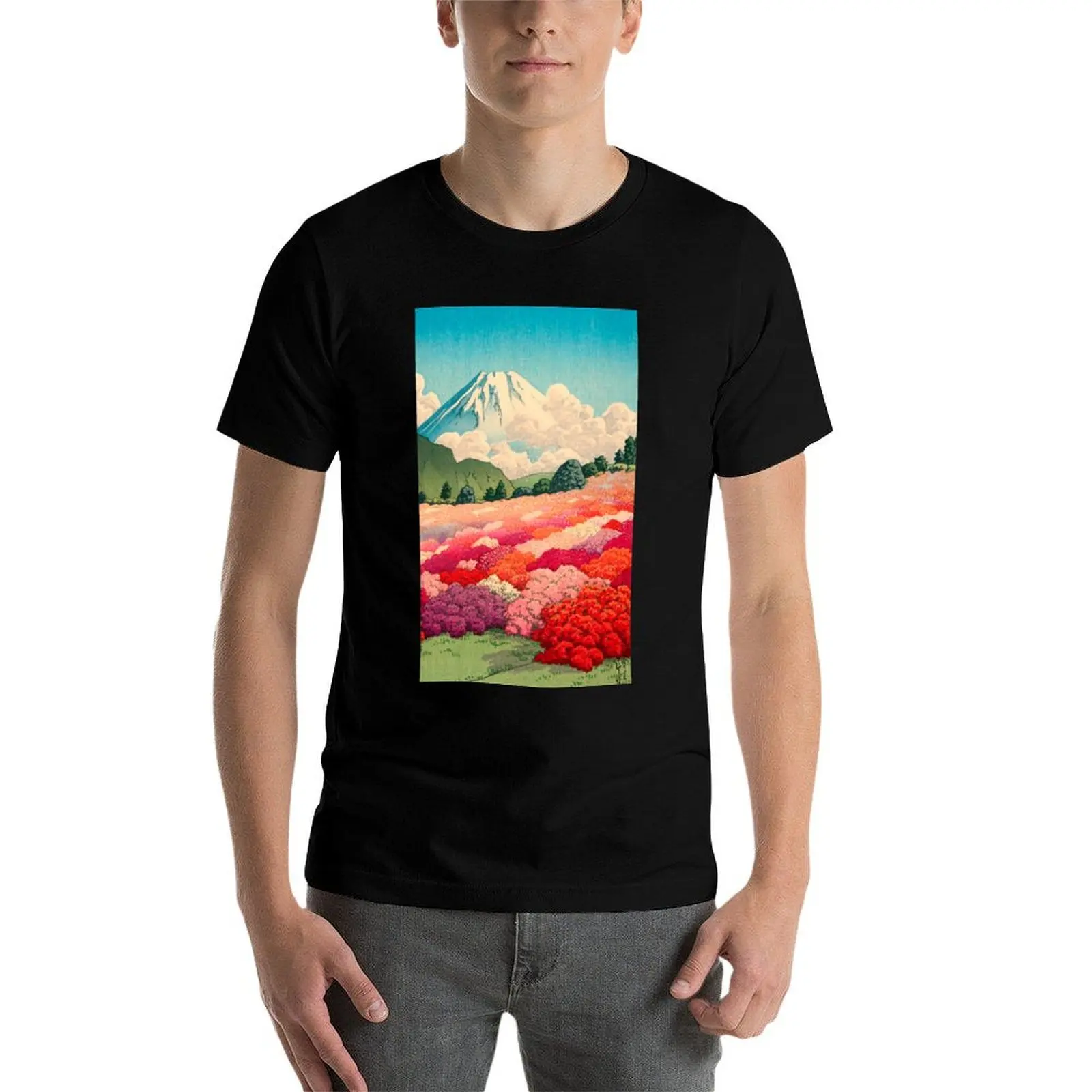 

View of an Azalea Garden and Mt Fuji, by Kawase Hasui T-Shirt man t shirts high quality luxury brand T-Shirt