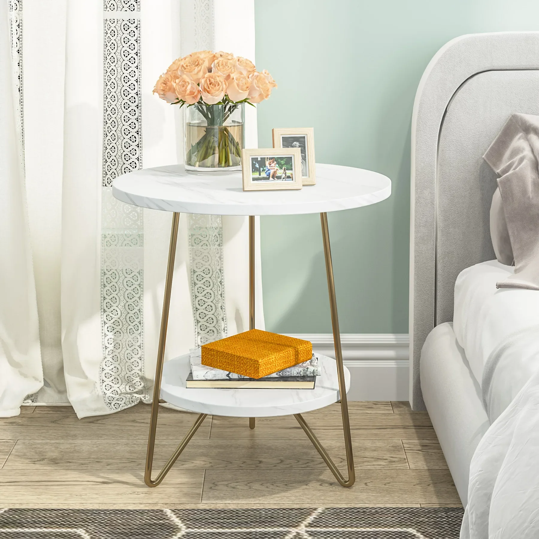 

Tribesigns 2 Tier Faux Marble End Table Round Side Table with Shelves Small Coffee Accent Table for Living Room, White and Gold