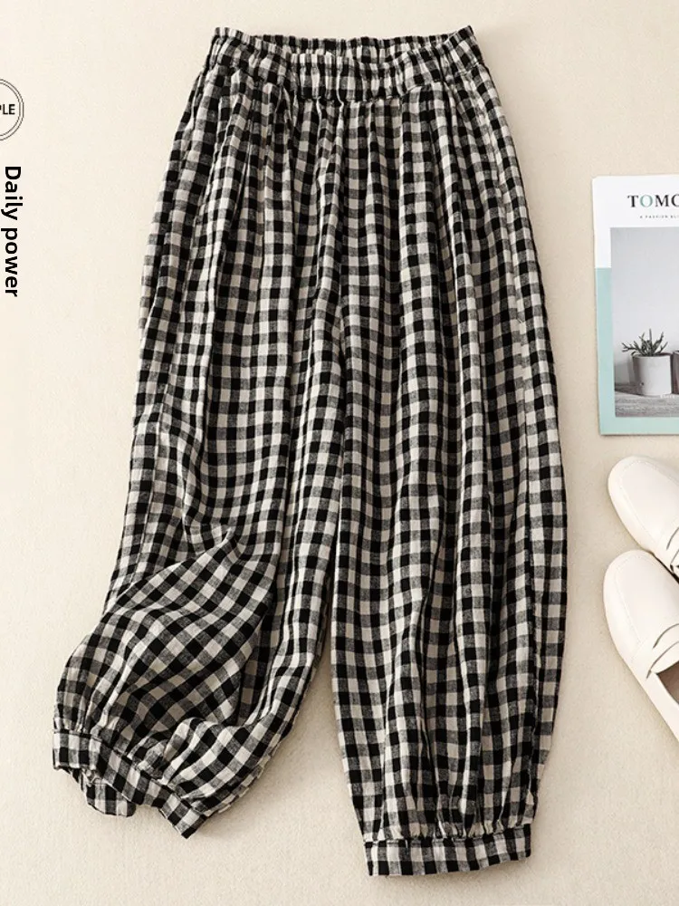 

Новые летние широкие брюки в клетку, женские повседневные льняные хлопковые брюки, свободные брюки с девятью очками-фонариками, художественные большие размеры