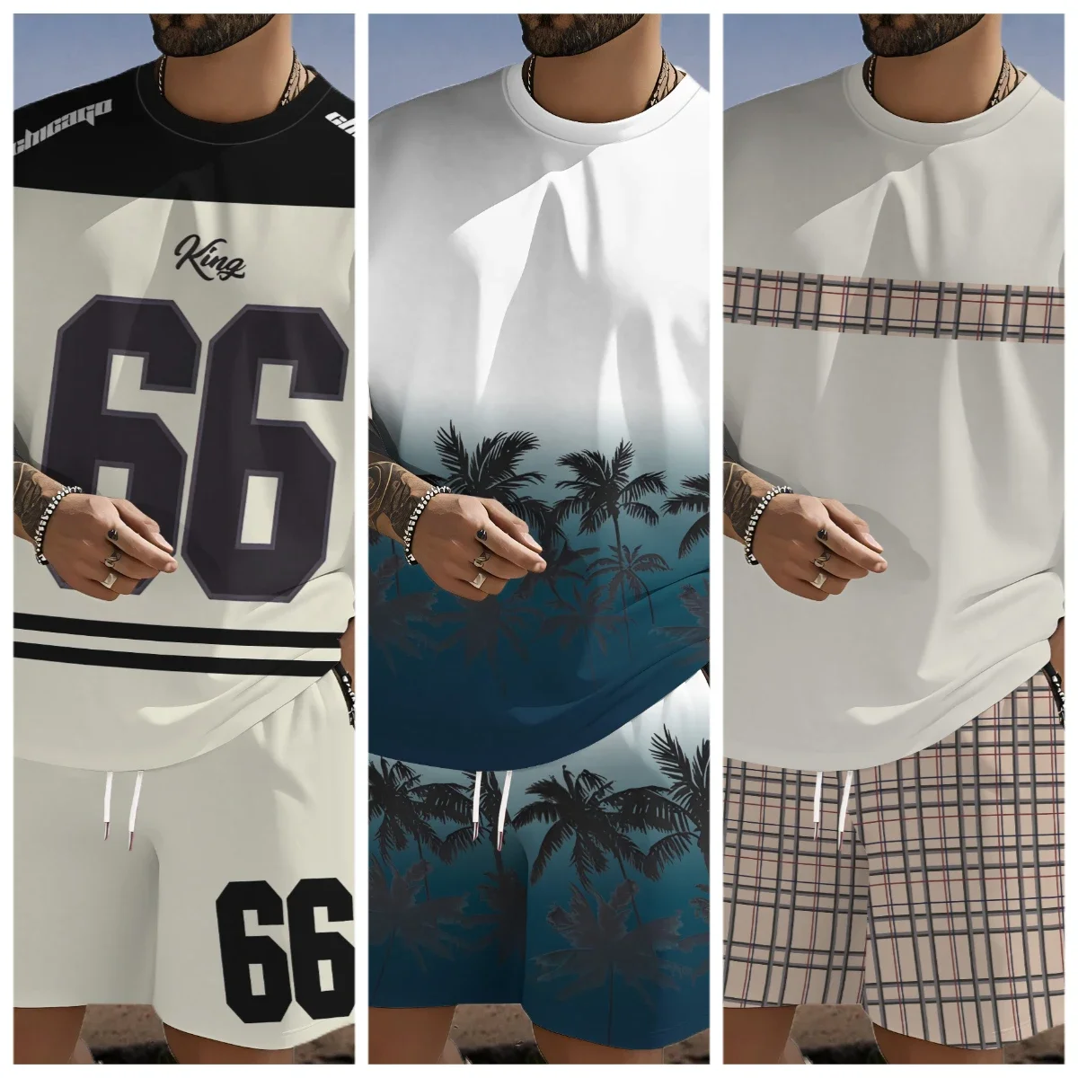 

Новейший популярный комплект футболок 2025 года, 3D стиль отпуска, модные различные элементы, модный уличный мужской комплект, летний топ, шорты, дышащие