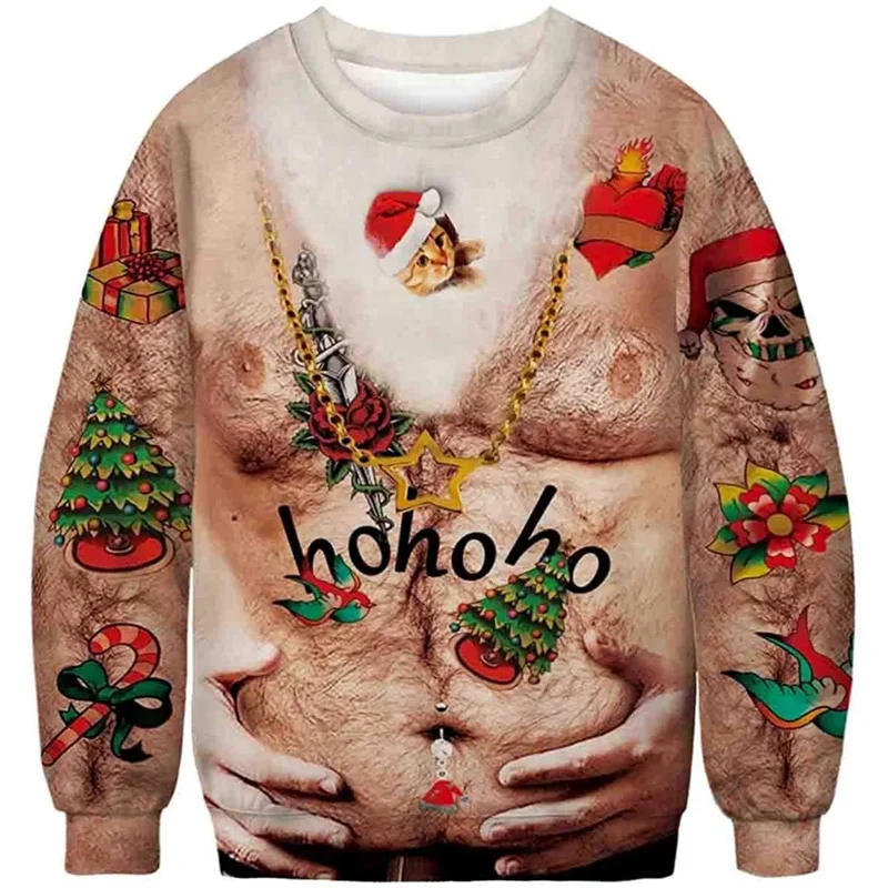 Ugly Christmas Pattern Sweatshirts For Men Novelty Funny Fashion 3D Printed Pullover Loose Hoodies Long Sleeves Round Neck Tops