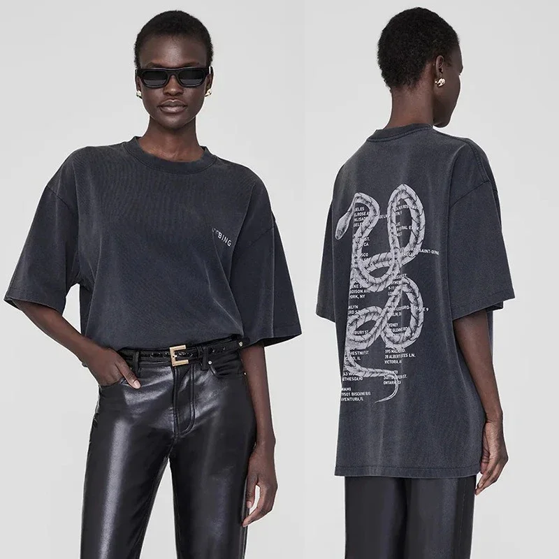 

2025 Spring New Snake Letter Printing Washed Fried Color Old Charcoal Grey Women's Short Sleeve T-Shirt