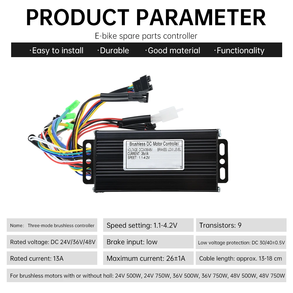 24V/36/48V DC ブラシレスモーターコントローラー 26A 500/750W 3 モードブラシレスコントローラー電動自転車アクセサリー用