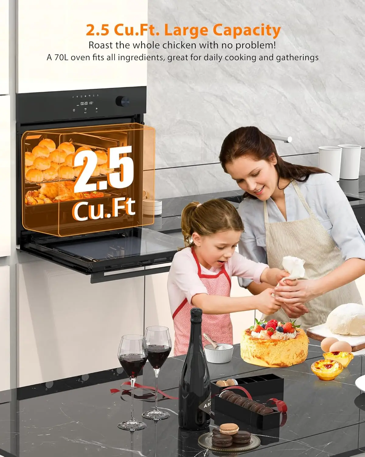 24" Single Wall Ovens with 70L Capacity and 3000W 240V,Electric Wall Ovens with 8 Cooking Functions & 108 Automatic Recipes,Touc