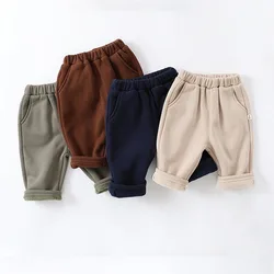 Autumn Winter Outdoor Ins Newborn Boys Pants Solid Plush Elastic Waist Thinken Cotton Infan Boys Pants Straight Baby Boys Pants