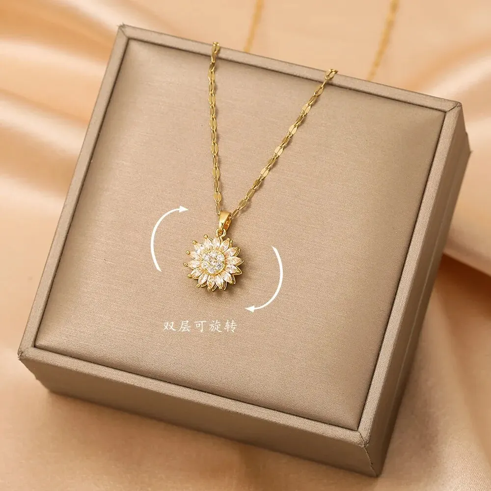 Trendy Rotation Spin Sunflower Stainless Steel Zircon Necklaces For Women Metal Crystal Necklace Party Birthday Gifts Jewelry