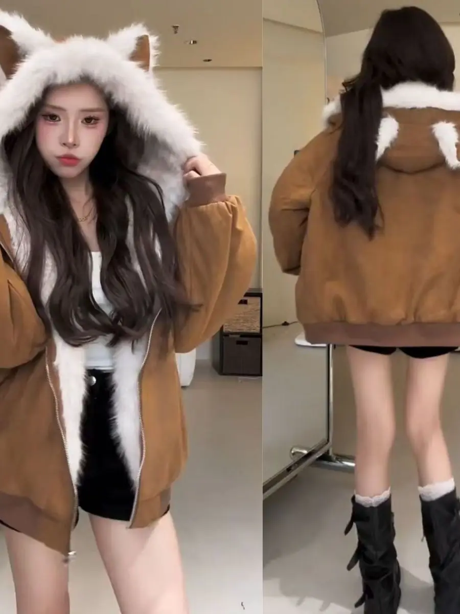 アメリカン スレ イヤーファーコート レディース 秋冬 シエンデッド 小さいサイズ フード付き ゆったり 暖かい コットンジャケット レトロ スレ ロング S...